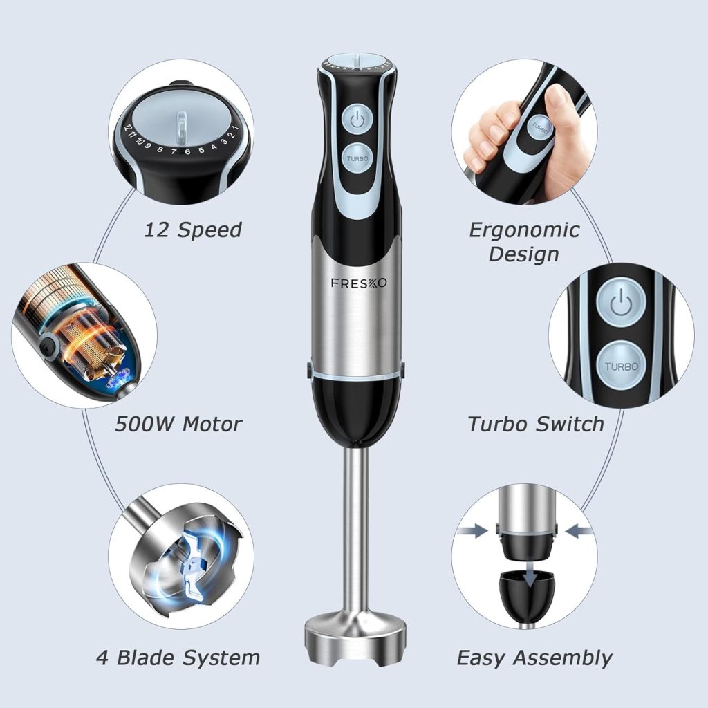 FRESKO Immersion Handheld Blender 500W with 700ml Beaker, 12-Speed  Turbo Mode Hand Blender Stick, 304 Stainless Steel Blades for Soup, Smoothie, Puree, Baby Food
