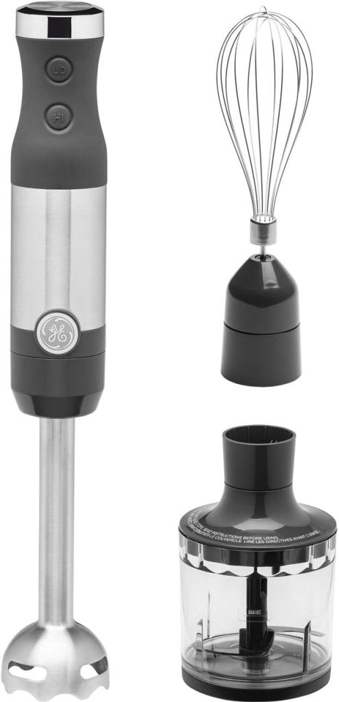 GE Immersion Blender | Handheld Blender for Shakes, Smoothies, Baby Food  More | Includes Whisk  Blending Jar | 2-Speed | Interchangeable Attachment for Easy Clean | 500 Watts | Stainless Steel