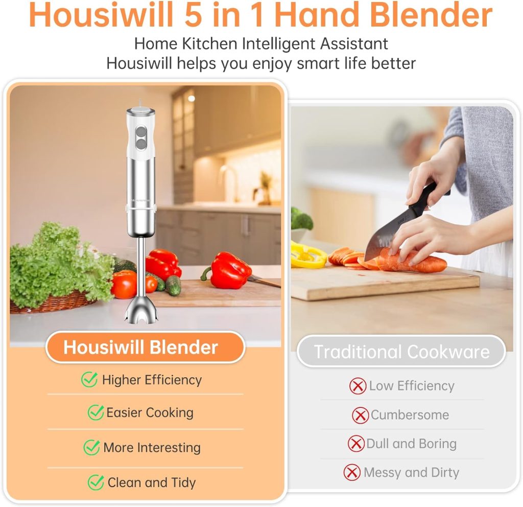 Housiwill Immersion Blender, 5 in 1 Hand Blender, 12 Speed and Turbo Mode Immersion Blender handheld, Blender Electric Stainless Steel with Milk Frother, 600ml Beaker, 500ml Chopper, Egg Whisk