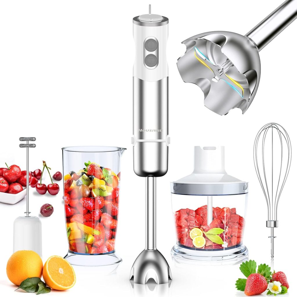 Housiwill Immersion Blender, 5 in 1 Hand Blender, 12 Speed and Turbo Mode Immersion Blender handheld, Blender Electric Stainless Steel with Milk Frother, 600ml Beaker, 500ml Chopper, Egg Whisk
