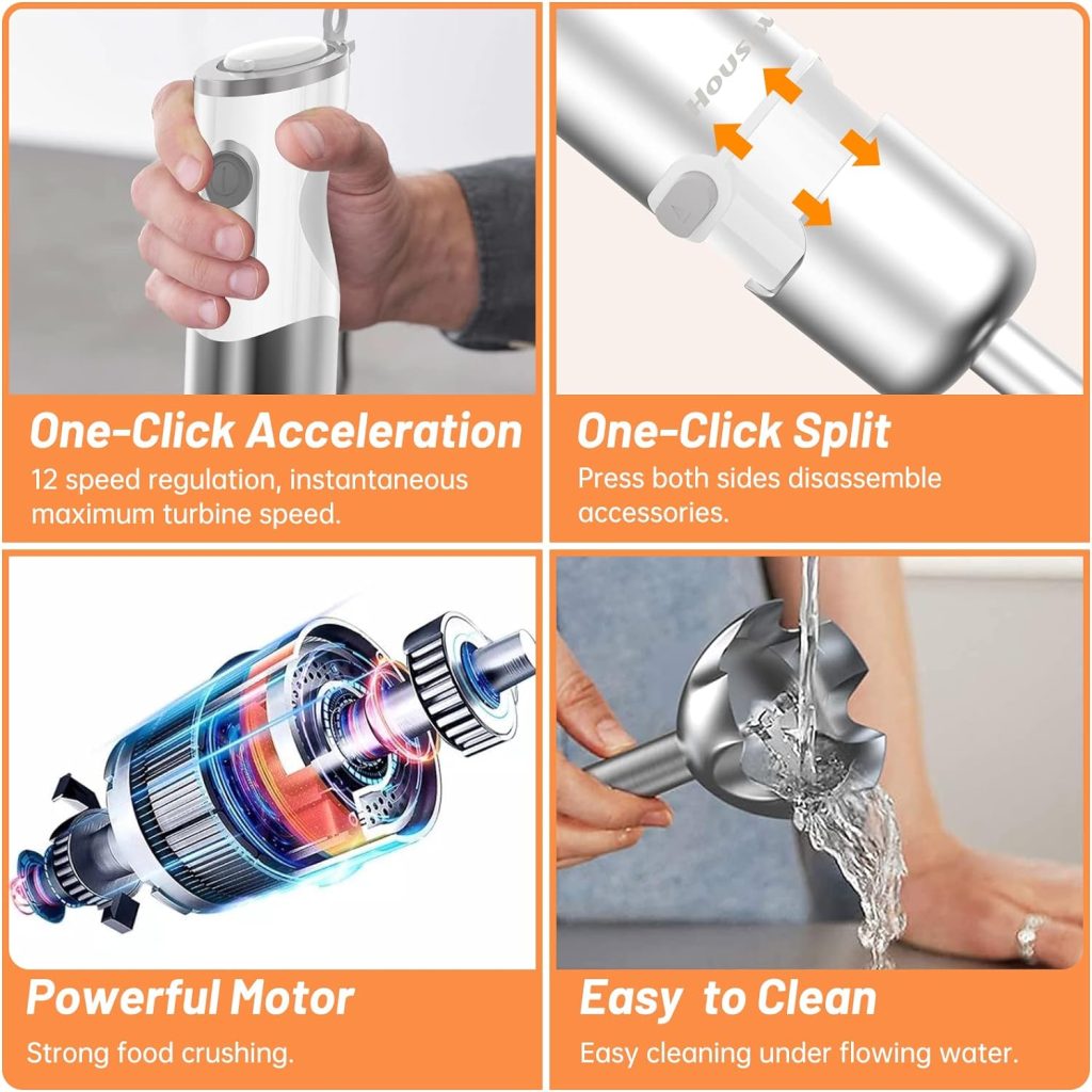 Housiwill Immersion Blender, 5 in 1 Hand Blender, 12 Speed and Turbo Mode Immersion Blender handheld, Blender Electric Stainless Steel with Milk Frother, 600ml Beaker, 500ml Chopper, Egg Whisk