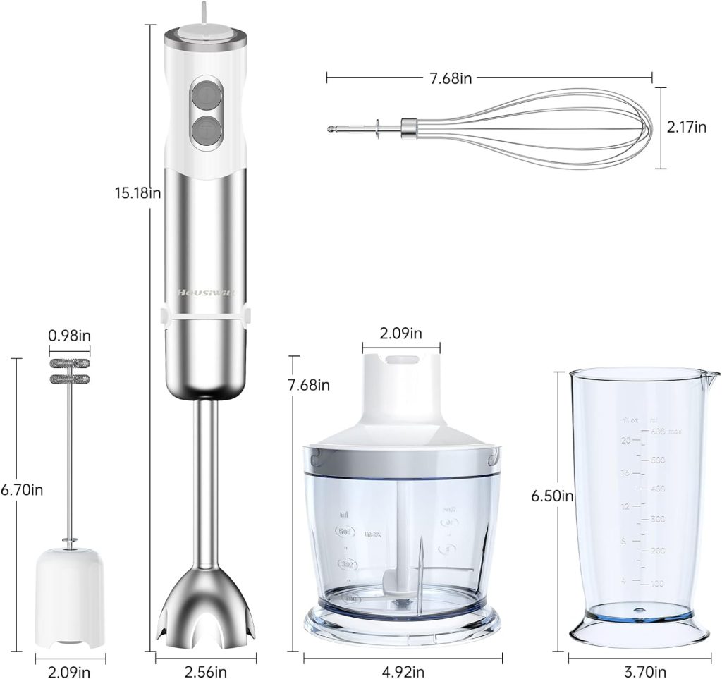 Housiwill Immersion Blender, 5 in 1 Hand Blender, 12 Speed and Turbo Mode Immersion Blender handheld, Blender Electric Stainless Steel with Milk Frother, 600ml Beaker, 500ml Chopper, Egg Whisk