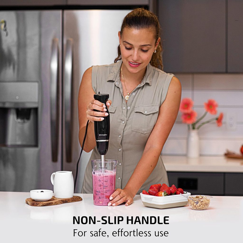 OVENTE Immersion Electric Hand Blender 300 Watt Power 2 Mix Speed with Stainless Steel Blades, Handheld Stick Mixer Set with Egg Whisk Attachment Mixing Beaker and BPA-Free Food Chopper, Black HS565B