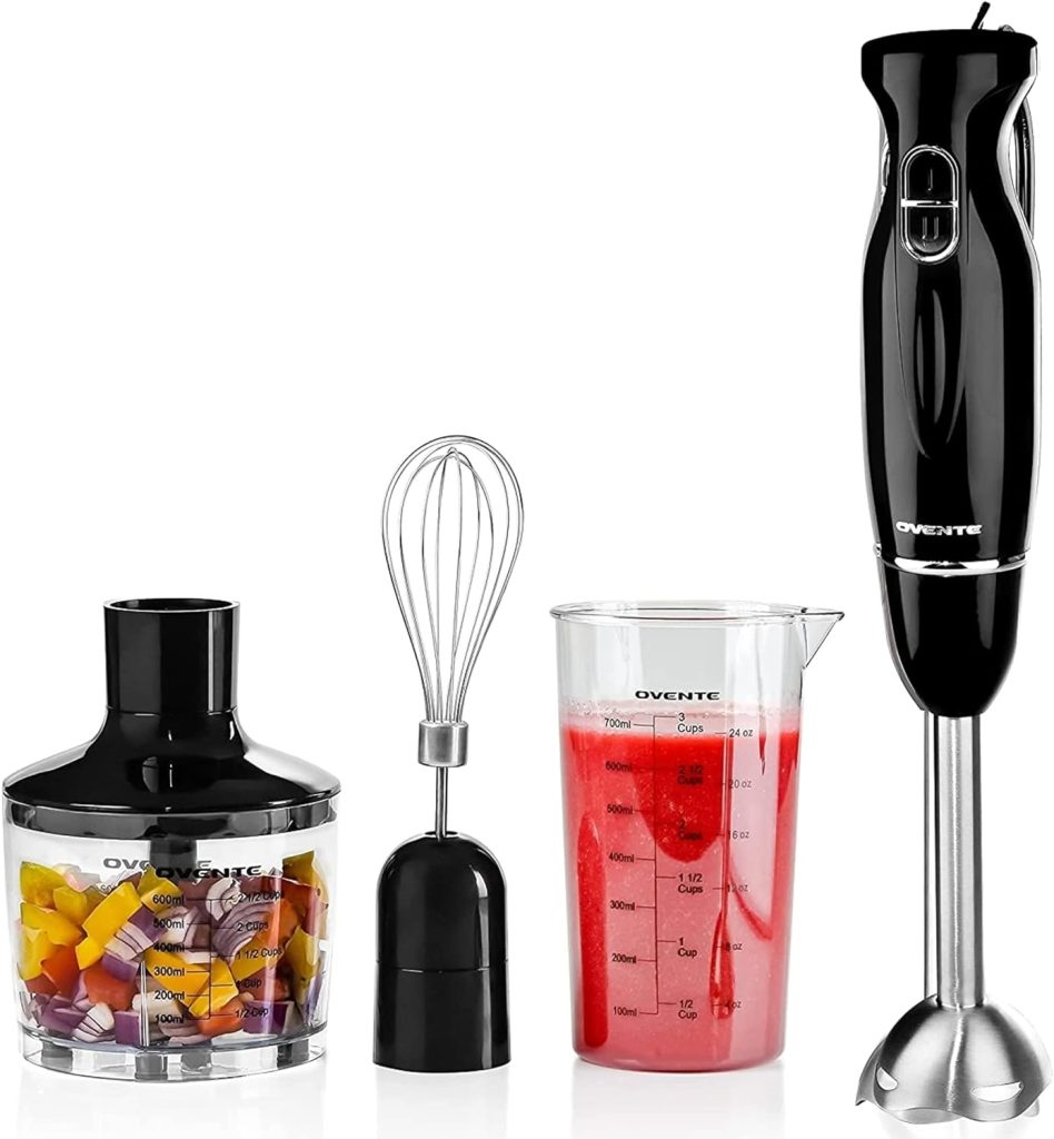 OVENTE Immersion Electric Hand Blender 300 Watt Power 2 Mix Speed with Stainless Steel Blades, Handheld Stick Mixer Set with Egg Whisk Attachment Mixing Beaker and BPA-Free Food Chopper, Black HS565B