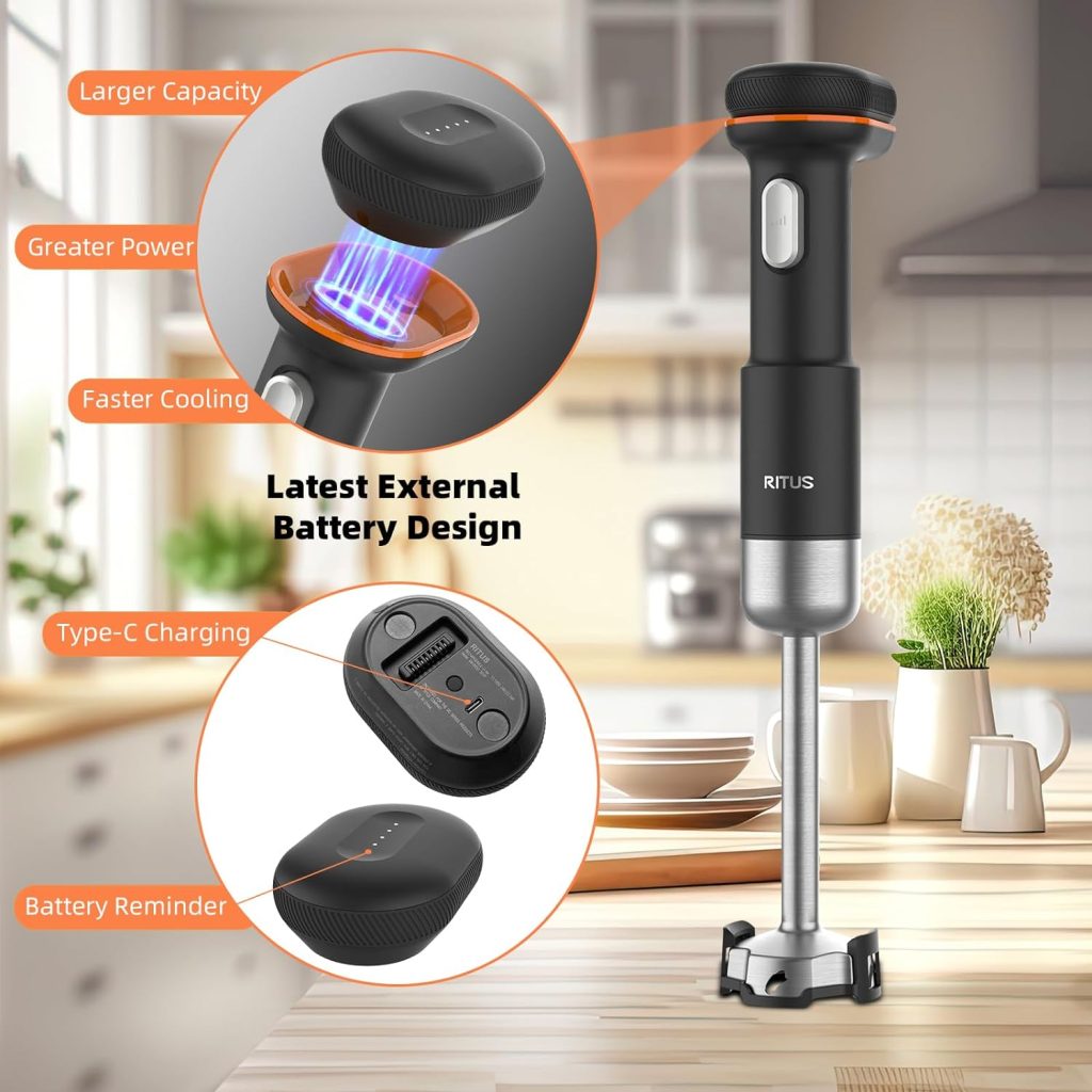Ritus Cordless Immersion Blender, 5 in 1 Portable Hand Blender Heavy Duty Motor, Variable Speed Handheld Blender Stainless Steel Blade With 700ml Mixing Beaker, 500ml Chopper, Whisk and Milk Frother