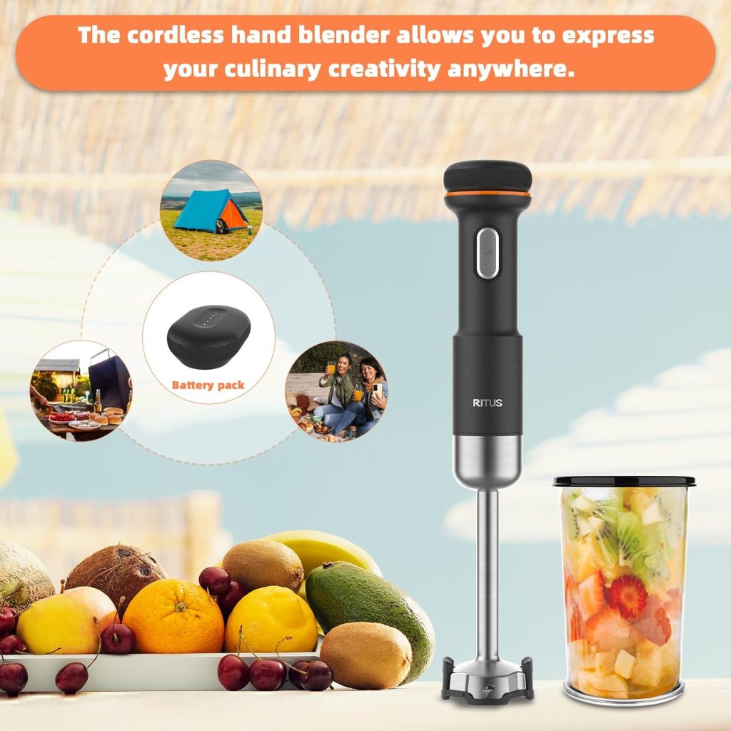 Ritus Cordless Immersion Blender, 5 in 1 Portable Hand Blender Heavy Duty Motor, Variable Speed Handheld Blender Stainless Steel Blade With 700ml Mixing Beaker, 500ml Chopper, Whisk and Milk Frother