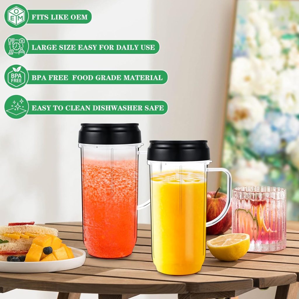 22oz Magic Bullet Blender Cups Replacement Parts -𝗙𝗼𝗼𝗱 𝗚𝗿𝗮𝗱𝗲 𝗠𝗮𝘁𝗲𝗿𝗶𝗮𝗹 -with Flip Top To-Go Lid and Handle for Magic Bullet 250w MB1001 Blender Accessories(2 Pack)