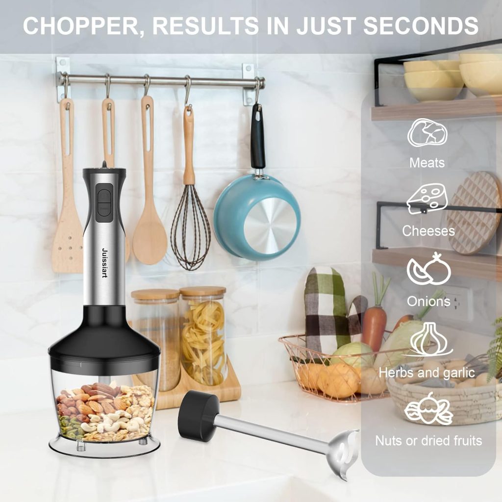 5 in 1 Immersion Hand Blender, 20 Speed Handheld Blender with Turbo Mode, 800W Powerful Stainless Steel Blade Stick Blender with 600ml Mixing Beaker, 500ml Food Chopper，Whisk，Egg Beater