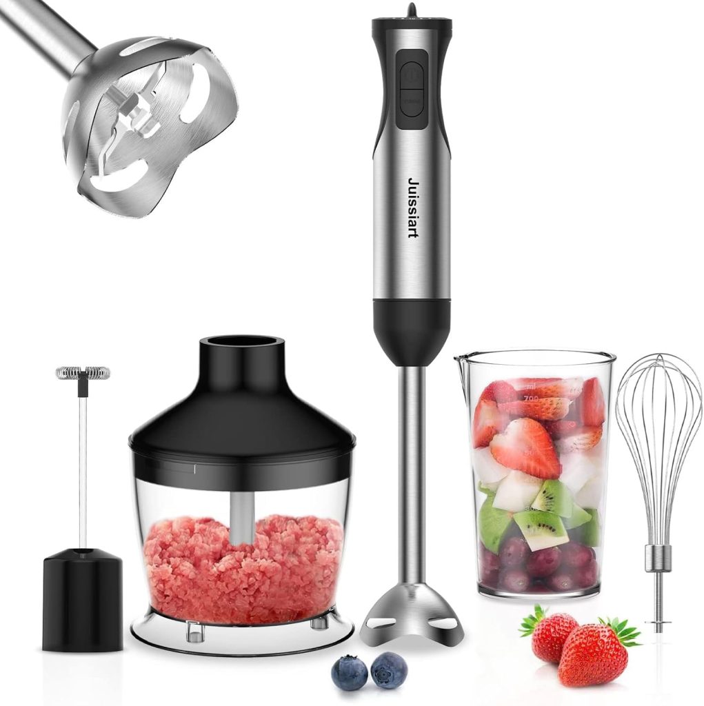 5 in 1 Immersion Hand Blender, 20 Speed Handheld Blender with Turbo Mode, 800W Powerful Stainless Steel Blade Stick Blender with 600ml Mixing Beaker, 500ml Food Chopper，Whisk，Egg Beater