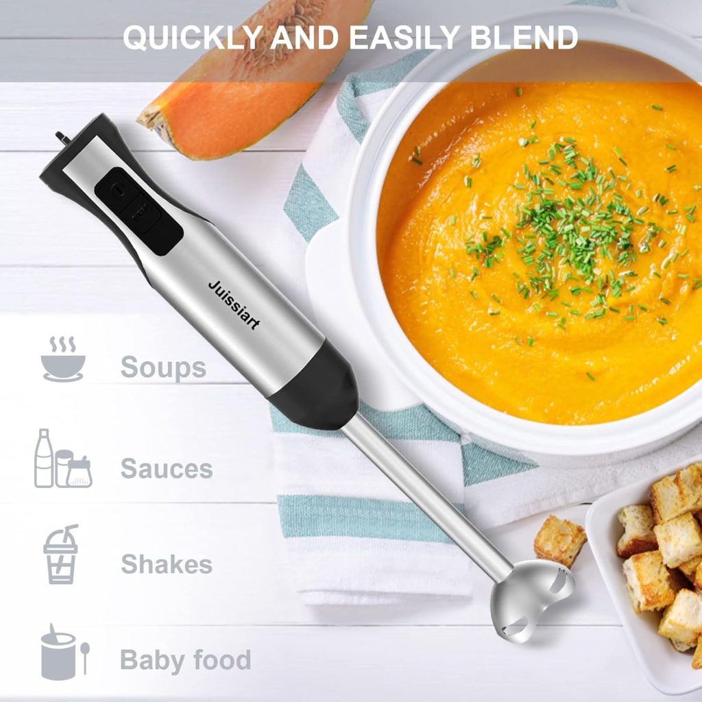 5 in 1 Immersion Hand Blender, 20 Speed Handheld Blender with Turbo Mode, 800W Powerful Stainless Steel Blade Stick Blender with 600ml Mixing Beaker, 500ml Food Chopper，Whisk，Egg Beater