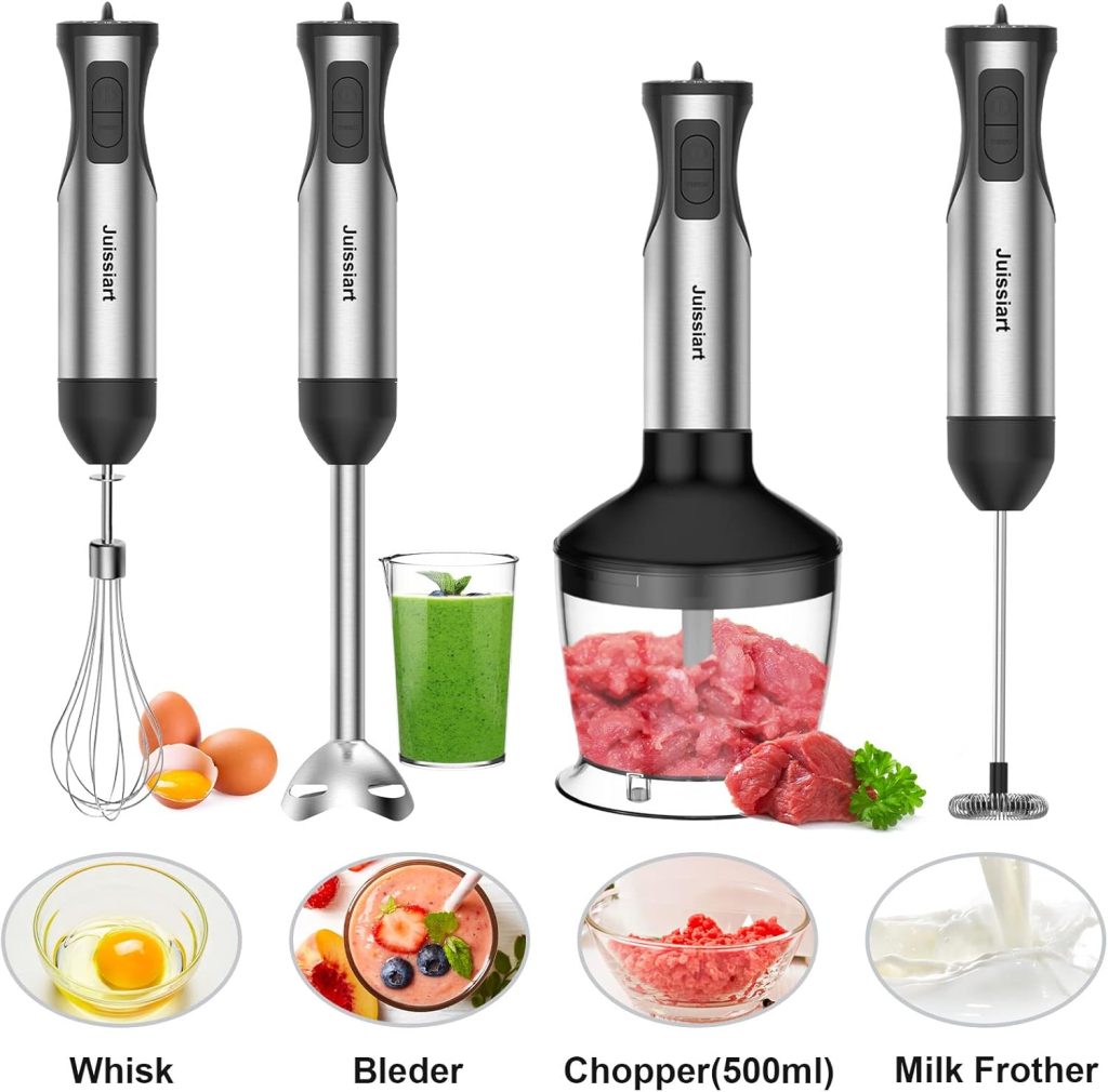 5 in 1 Immersion Hand Blender, 20 Speed Handheld Blender with Turbo Mode, 800W Powerful Stainless Steel Blade Stick Blender with 600ml Mixing Beaker, 500ml Food Chopper，Whisk，Egg Beater