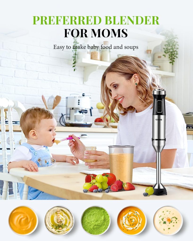 6-in-1 Immersion Blender Handheld 1000W 20-Speed  Turbo Mode, GDOR Scratch Resistance Hand Blender with Dough Hooks, Egg Beaters, Whisk, 800ml Beaker, 600ml Chopper Titanium Blades, BPA-Free, JHB-158