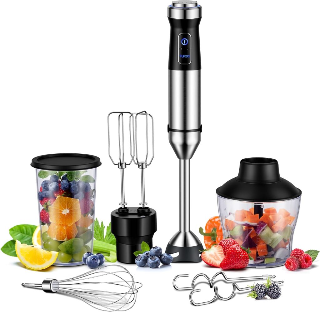 6-in-1 Immersion Blender Handheld 1000W 20-Speed  Turbo Mode, GDOR Scratch Resistance Hand Blender with Dough Hooks, Egg Beaters, Whisk, 800ml Beaker, 600ml Chopper Titanium Blades, BPA-Free, JHB-158