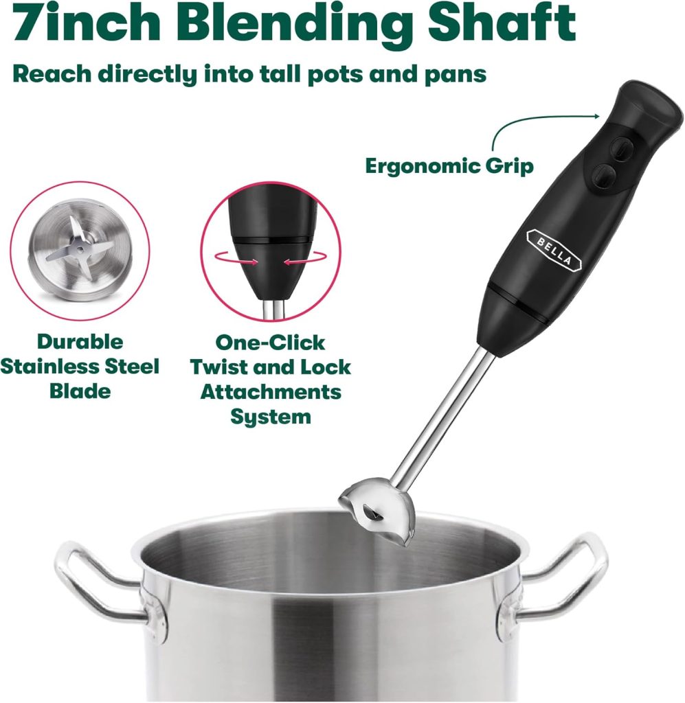BELLA Immersion Blender, Portable Mixer and Emulsifier with Whisk Attachment, 2 Speed, Electric Handheld Juicer, Shakes, Baby Food and Smoothie Maker, Stainless Steel, BPA Free, 250 Watt, Gray
