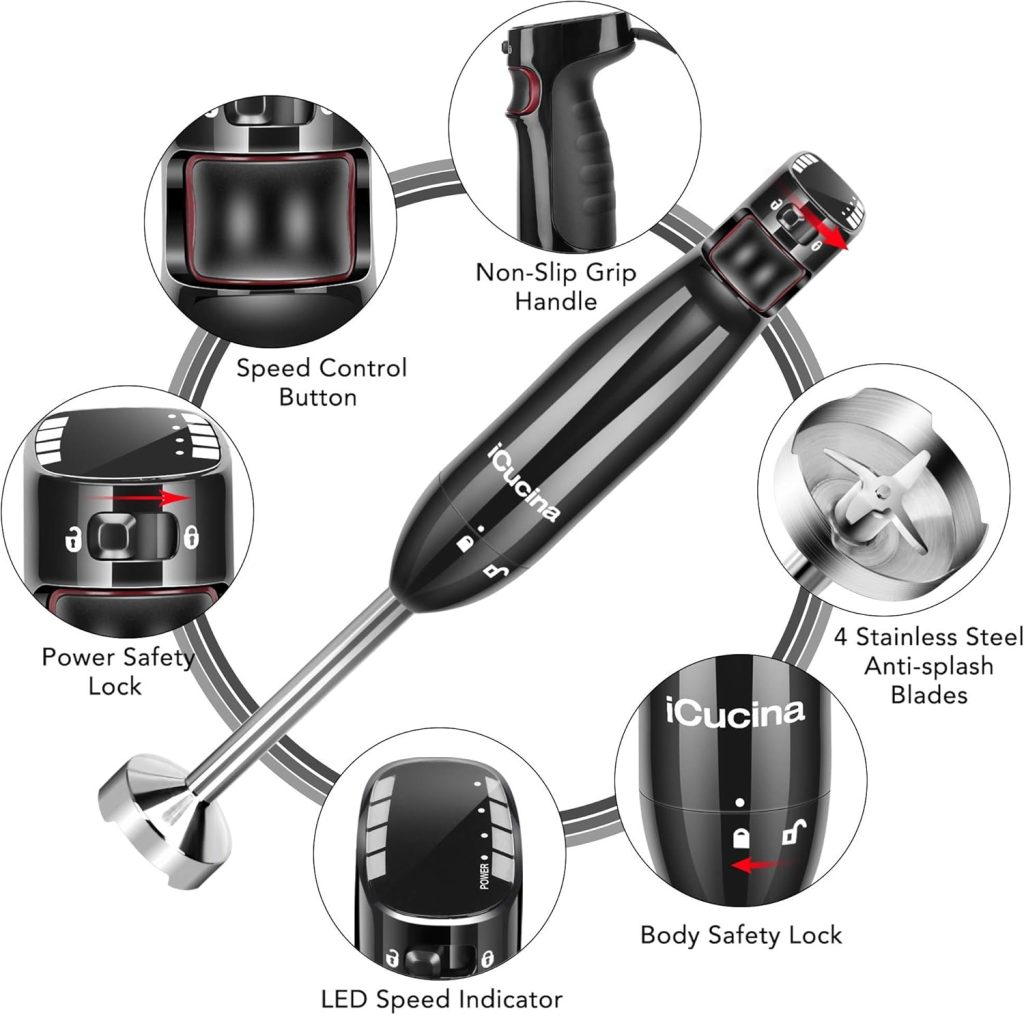 iCucina 4-in-1 Variable Speed Immersion Hand Blender, Powerful 400W DC Motor, One Button Operation Smart Stick Blender with Whisk, Beaker, Chopper attachments, Black