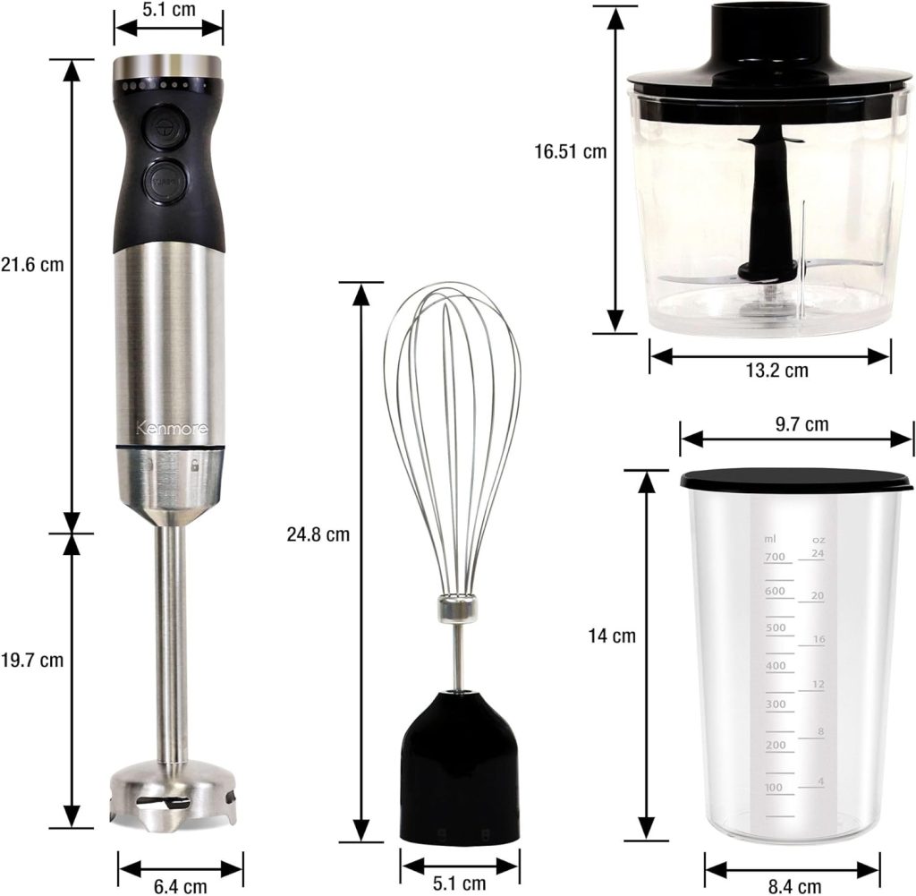 Kenmore Immersion 400W Hand Blender, Variable Speed Blender, Handheld Blending Stick, Food Chopper, Whisk, 700mL Beaker and Lid, Stainless Steel Quad Blade Hand Blender, Black and Silver