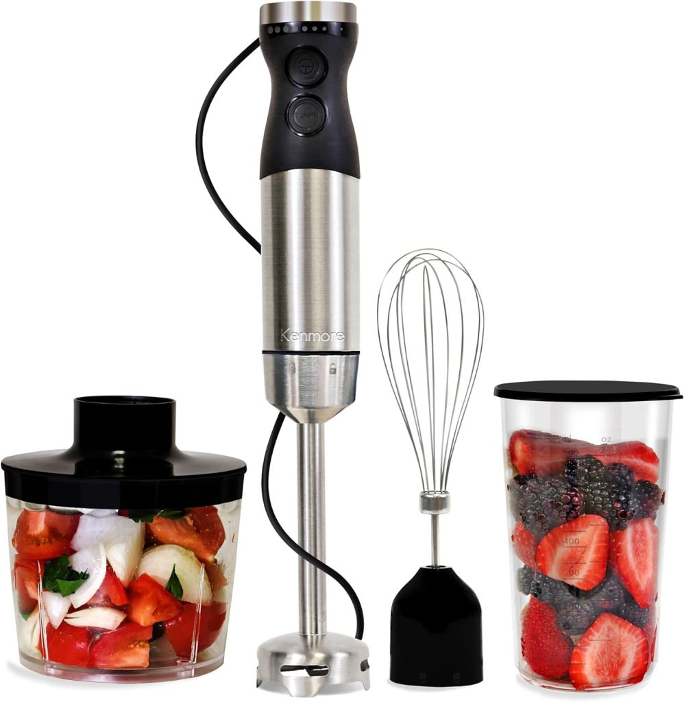 Kenmore Immersion 400W Hand Blender, Variable Speed Blender, Handheld Blending Stick, Food Chopper, Whisk, 700mL Beaker and Lid, Stainless Steel Quad Blade Hand Blender, Black and Silver