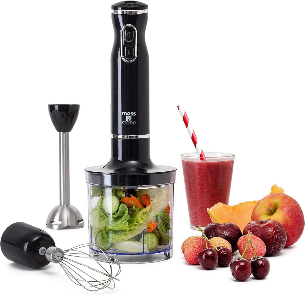 Moss  Stone Hand Blender Electric With Egg Whisk  Chopper, Powerful 300 Watt Immersion Hand Blender Set, Hand Mixer Set Stainless Steel Shaft  Blades, Black Handheld Blender With Ergonomic Handle