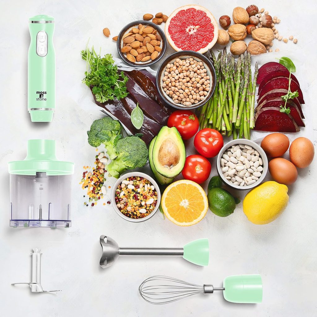 Moss  Stone Hand Blender Electric With Egg Whisk  Chopper, Powerful 300 Watt Immersion Hand Blender Set, Hand Mixer Set Stainless Steel Shaft  Blades, Black Handheld Blender With Ergonomic Handle