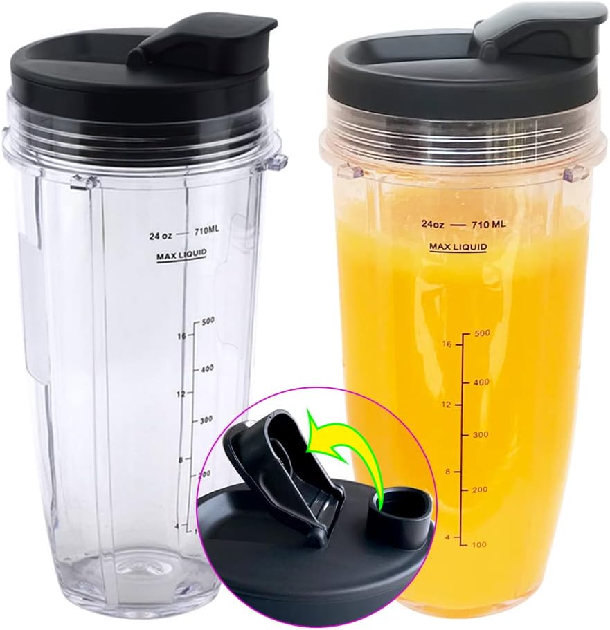Replacement 24oz Nutri Ninja Blender Cup with Sip  Seal Lid For BL450 BL456 BL480 BL482 BL640 BL642 BL682 BN401 BN751 BN801 Foodi SS101 SS151 SS351 SS401 Ninja Blender Auto IQ Blade, 2-Pack …