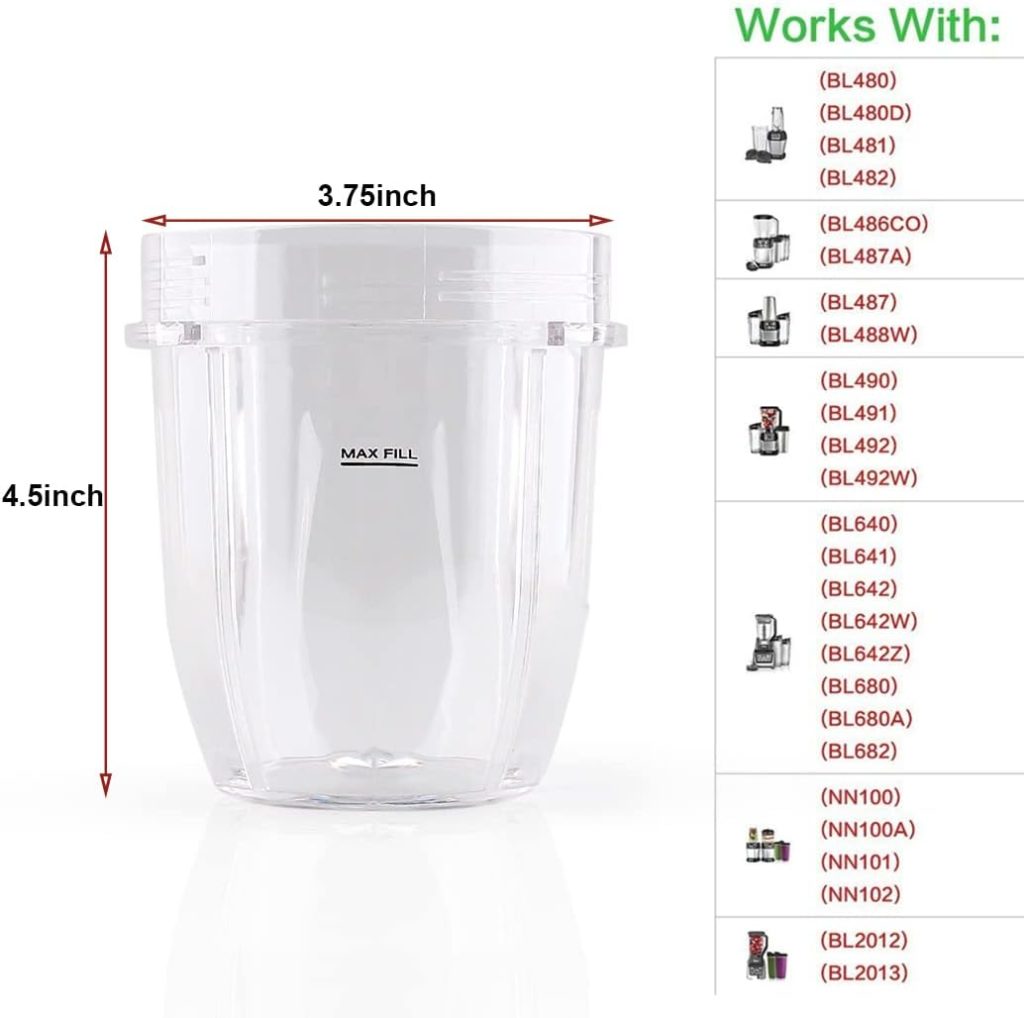 Replacement Parts Cups,Compatible with Ninja Blenders BL480 BL450 BL640 BL490 BL680 NN100 BL682 BL450 BL2012 CT640 CT800 BN400 CL401A SS100 BN750(12oz)