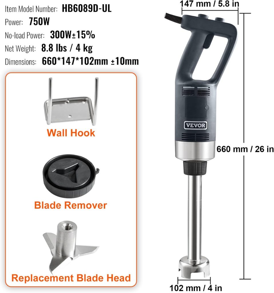 VEVOR Commercial Immersion Blender, 750W 12 Heavy Duty Hand Mixer, Variable Speed Kitchen Stick Mixer with 304 Stainless Steel Blade, Multi-Purpose Portable Mixer for Soup, Smoothie, Puree, Baby Food