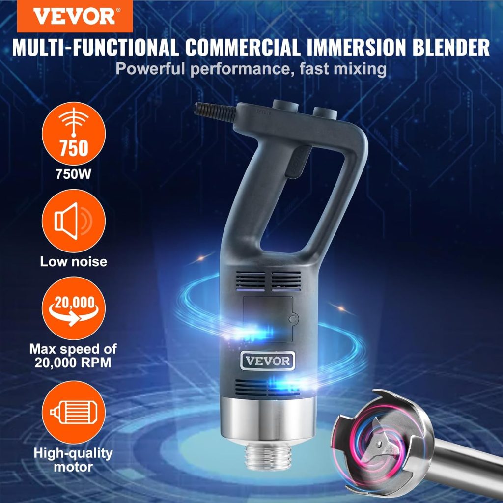VEVOR Commercial Immersion Blender, 750W 12 Heavy Duty Hand Mixer, Variable Speed Kitchen Stick Mixer with 304 Stainless Steel Blade, Multi-Purpose Portable Mixer for Soup, Smoothie, Puree, Baby Food