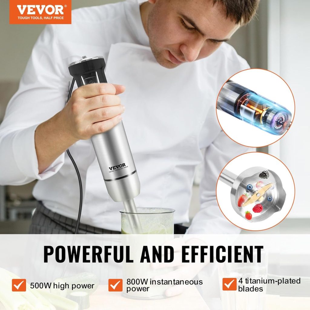 VEVOR Hand Blender, 8 Variable Speeds Immersion Blender, Stainless Steel Handheld Blender Powerful Motor Hand Mixer, USB Charging Cable Multi-purpose Easy Control Grip Stick Mixer