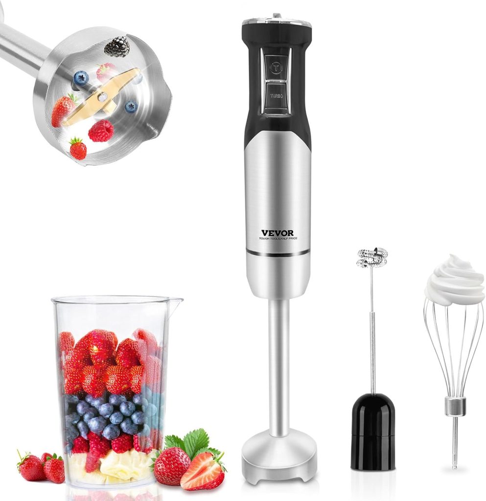VEVOR Hand Blender, 8 Variable Speeds Immersion Blender, Stainless Steel Handheld Blender Powerful Motor Hand Mixer, USB Charging Cable Multi-purpose Easy Control Grip Stick Mixer