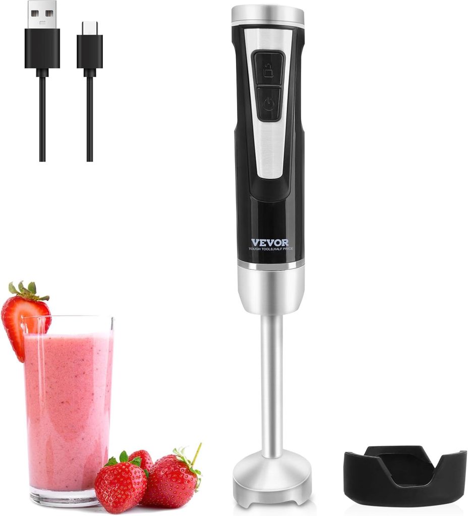 VEVOR Hand Blender, 8 Variable Speeds Immersion Blender, Stainless Steel Handheld Blender Powerful Motor Hand Mixer, USB Charging Cable Multi-purpose Easy Control Grip Stick Mixer