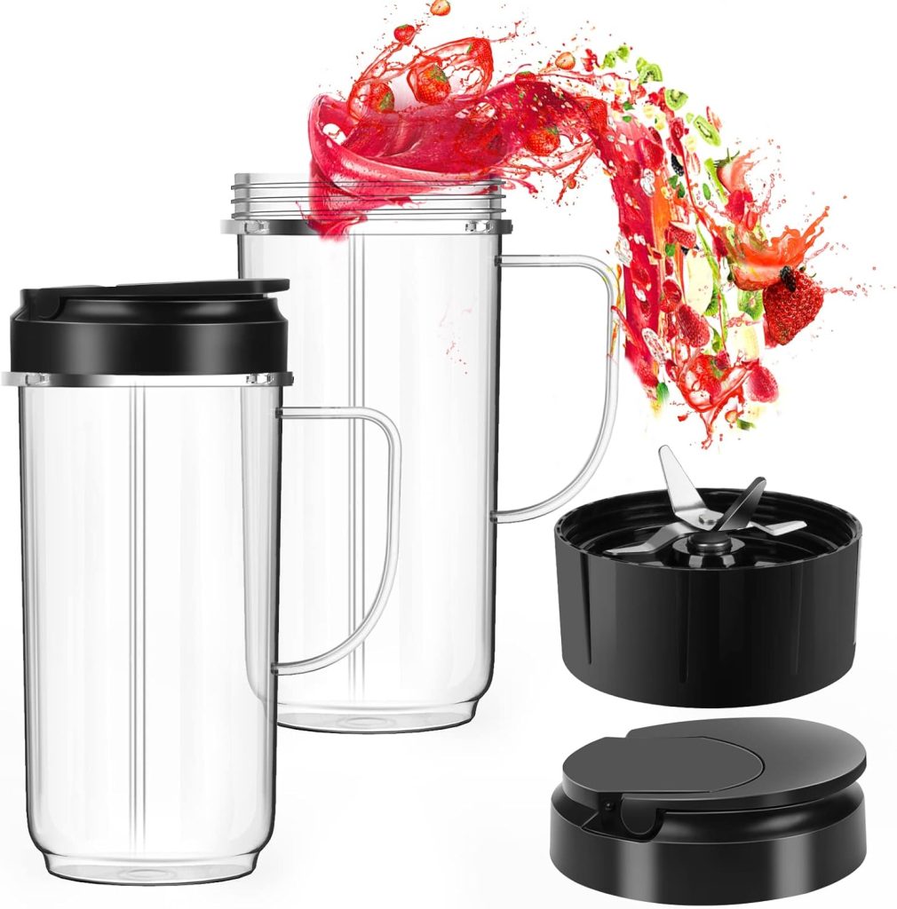 2 Pack Magic Bullet Blender Cups, Tall 22oz Cups Mugs Flip Top To-Go Lids  4 Fins Cross Blade with Gasket Handle Replacement Part Compatible Magic Bullet Blender Juicer Mixer Accessories 250W MB1001