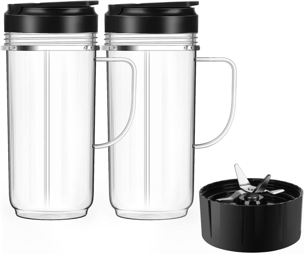 2 Pack Magic Bullet Blender Cups, Tall 22oz Cups Mugs Flip Top To-Go Lids  4 Fins Cross Blade with Gasket Handle Replacement Part Compatible Magic Bullet Blender Juicer Mixer Accessories 250W MB1001
