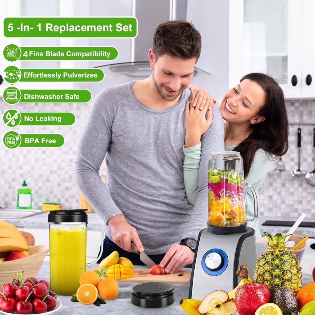 2 Pack Magic Bullet Blender Cups, Tall 22oz Cups Mugs Flip Top To-Go Lids  4 Fins Cross Blade with Gasket Handle Replacement Part Compatible Magic Bullet Blender Juicer Mixer Accessories 250W MB1001