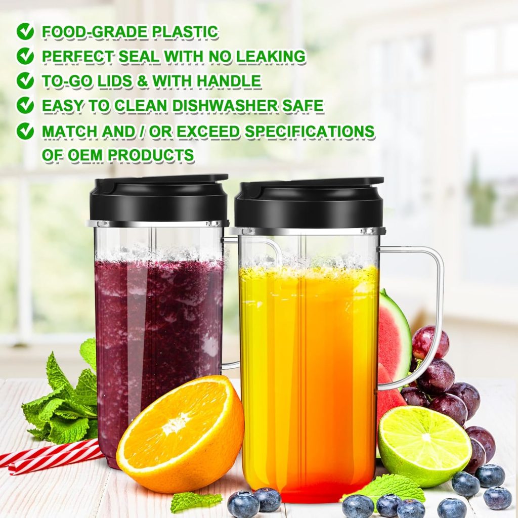 2 Pack Magic Bullet Blender Cups, Tall 22oz Cups Mugs Flip Top To-Go Lids  4 Fins Cross Blade with Gasket Handle Replacement Part Compatible Magic Bullet Blender Juicer Mixer Accessories 250W MB1001