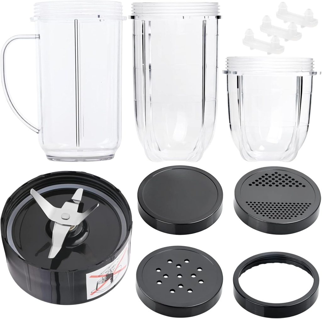 11 PCS Blender Replacement Parts Cross Blade 16OZ Replacement Cup with Handle,12OZ Short Cup with Lip Ring and Stay-Fresh Lid Replacement Cups Compatible with Magic Bullet Blender Cups MB1001 Series