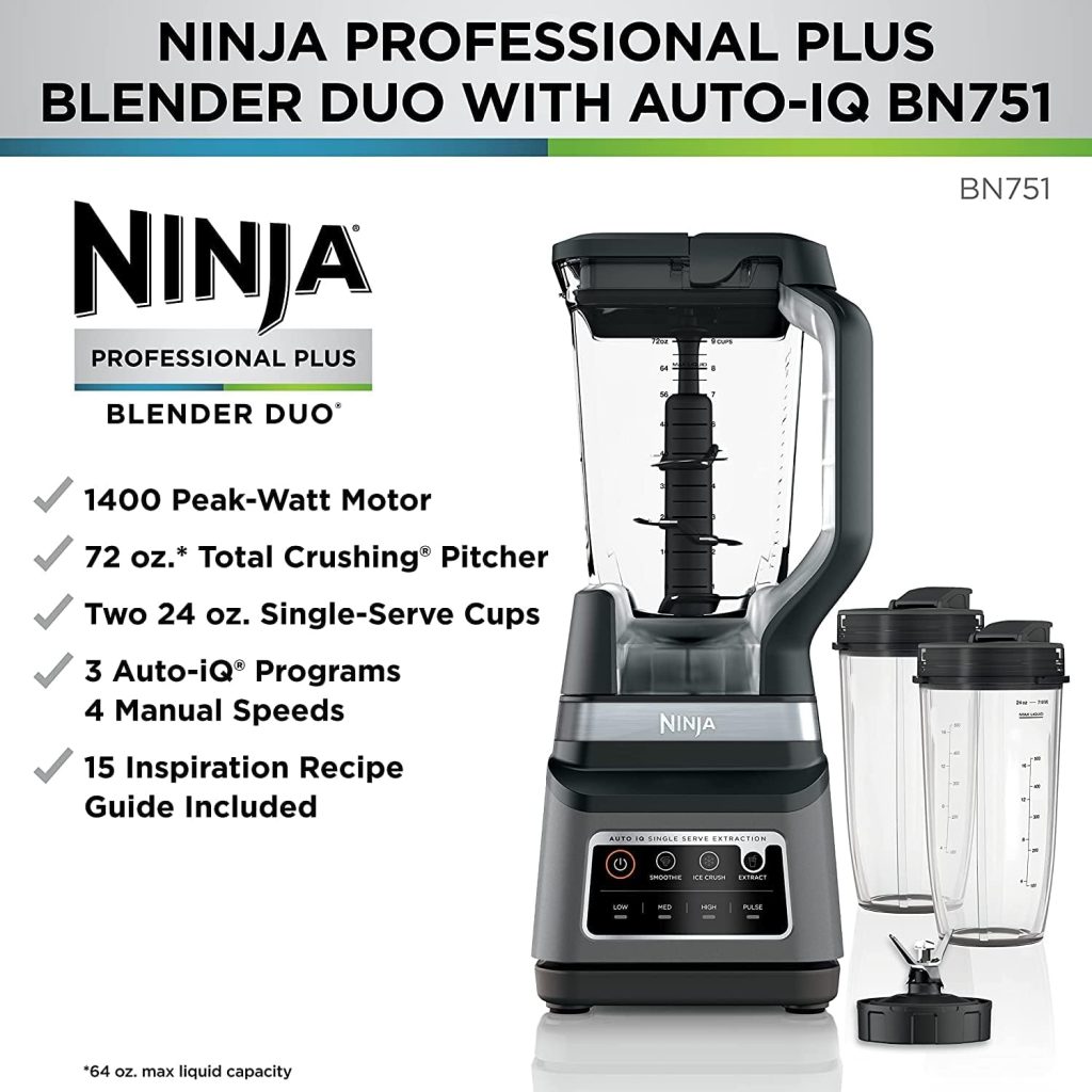 Ninja BN751 Professional Plus DUO Blender, 1400 Peak Watts, 3 Auto-IQ Programs for Smoothies, Frozen Drinks  Nutrient Extractions, 72-oz. Total Crushing Pitcher  (2) 24 oz. To-Go Cups, Black