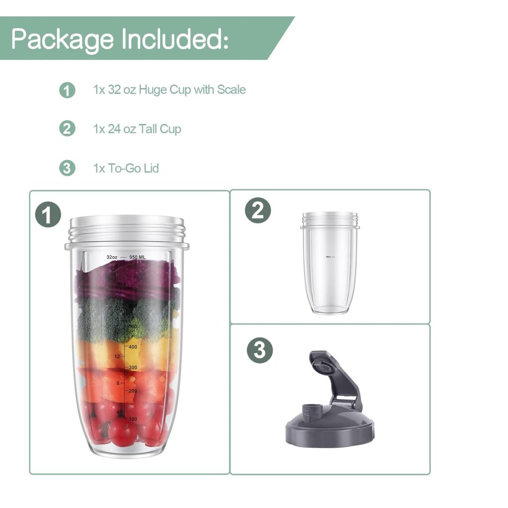 4 pcs Blender Cups 32oz Cups with Flip-Top To-Go-Lids and Stay-Fresh Resealable Lid Compatible with NB 900W 600W Blenders Replacement Parts