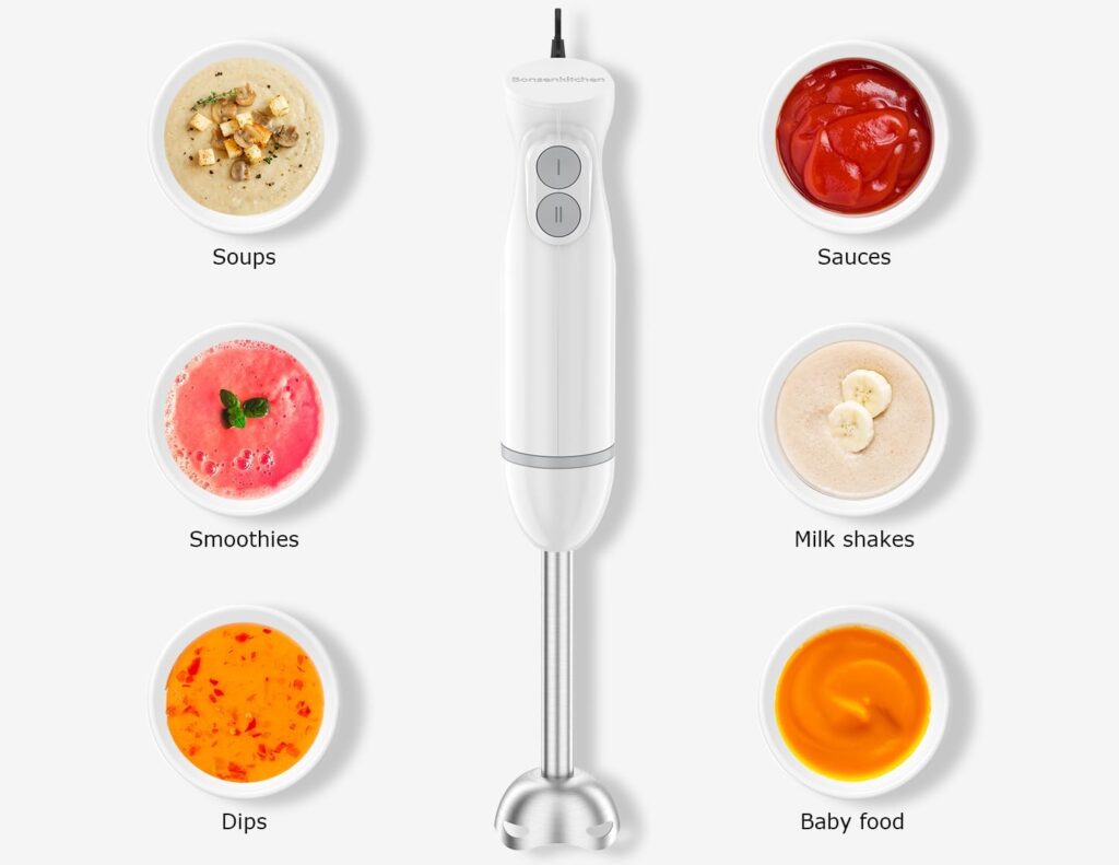 Bonsenkitchen Immersion Blender Handheld, 12-Speed and Turbo Hand Blender Electric with Sharp Blades, 3-In-1 Hand Held Stick Mixer with Egg Whisk, 24oz Beaker for Soups, Smoothies, Sauce