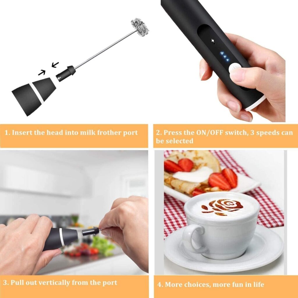 Milk Frother Handheld, Immersion Blender Cordlesss Foam Maker USB Rechargeable Small Mixer with 2 Stainless Whisks，Wisker for Stirring 3-Speed Adjustable Mini Frother for Cappuccino Latte Coffee Egg
