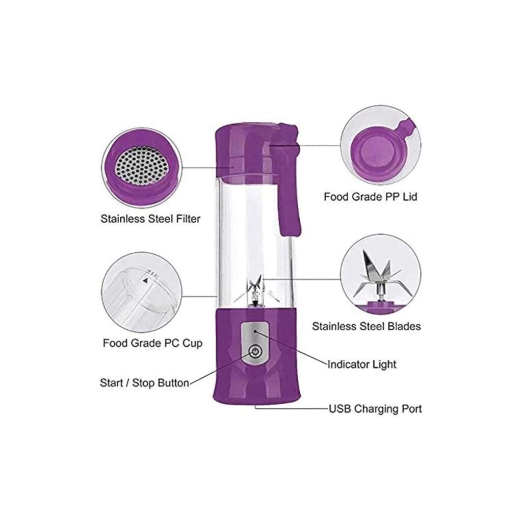 Portable Blender, USB Travel Juice Bottle Personal Travel Blender for Shakes and Smoothies Baby Food Mixing Machince with Updated 6 Blades 4000mAh Rechargeable Battery,13Oz Bottle(purple)