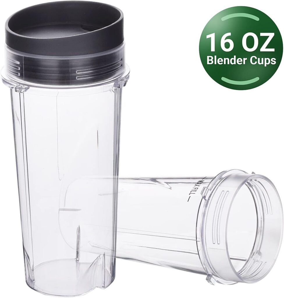 Replacement Blender Cup with Lids 16oz (2 Pack) For Nutri Ninja Pro BL660 BL663CO BL740 BL770 BL770W BL771 BL773CO BL780 BL780CO Ninja Professional 1200W 1100W 1500 Watts Blender Cups Parts