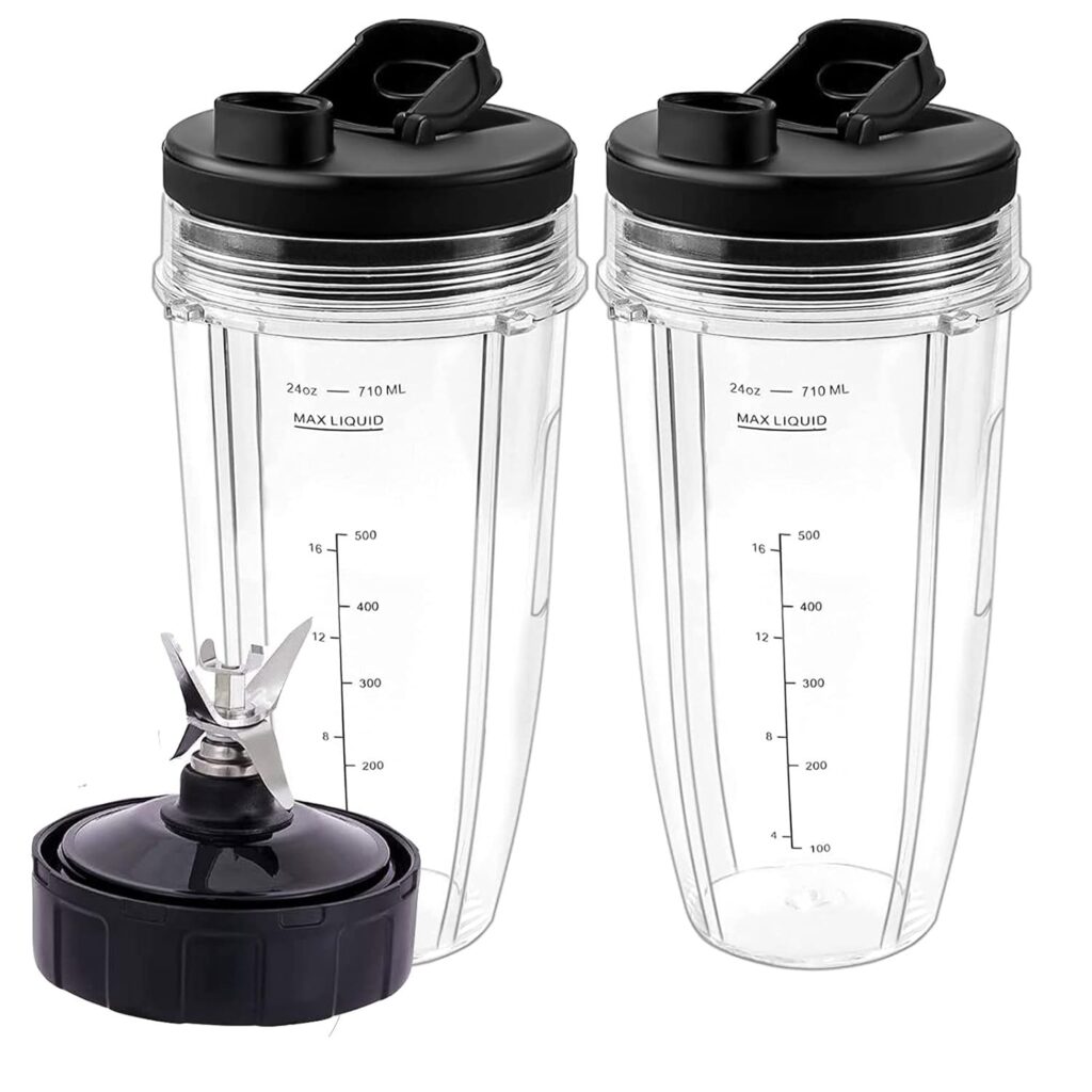 Blender Replacement Cups for Ni.nja -24oz Cups with 2 Spout lids,7 Fins Blender Blade,BL450-30 BL480-30 BL487 - BL492 CT680 BL642-30 BL680A NN100 BN801 by TOMOON