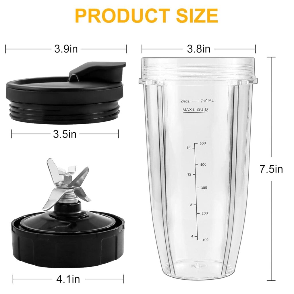 Blender Replacement Cups for Ni.nja -24oz Cups with 2 Spout lids,7 Fins Blender Blade,BL450-30 BL480-30 BL487 - BL492 CT680 BL642-30 BL680A NN100 BN801 by TOMOON