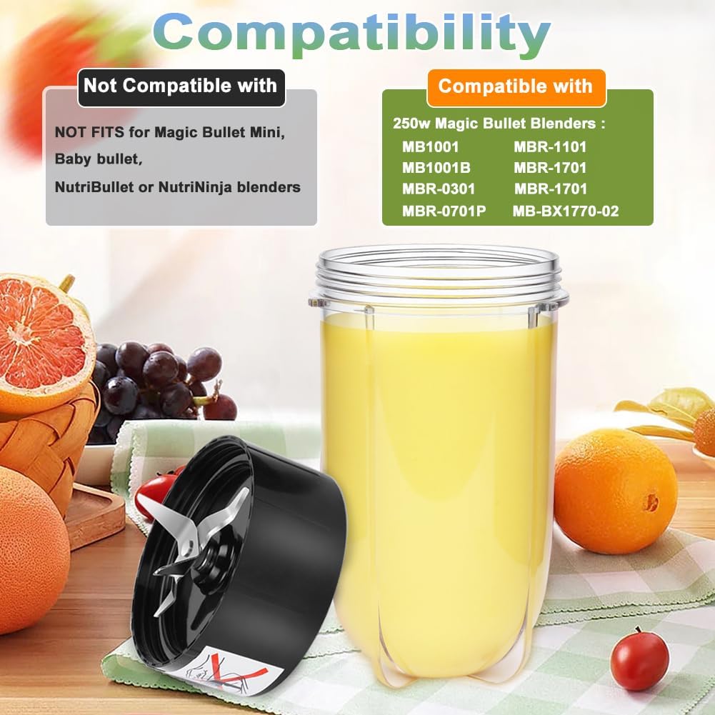 Replacement Cross Blade + 16oz Cup Set for Magic Bullet, Replacement Parts compatible with 250 W Magic Bullet MB1001 Blender