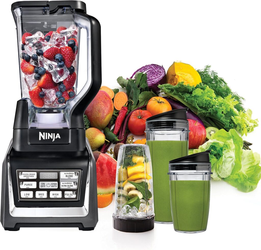 Ninja BL642 Nutri Ninja Personal  Countertop Blender with 1200W Auto-iQ Base, 72 oz. Pitcher, and 18, 24,  32 oz. To-Go Cups with Spout Lids, For Smoothies, Shakes  More, Dishwasher Safe, Black