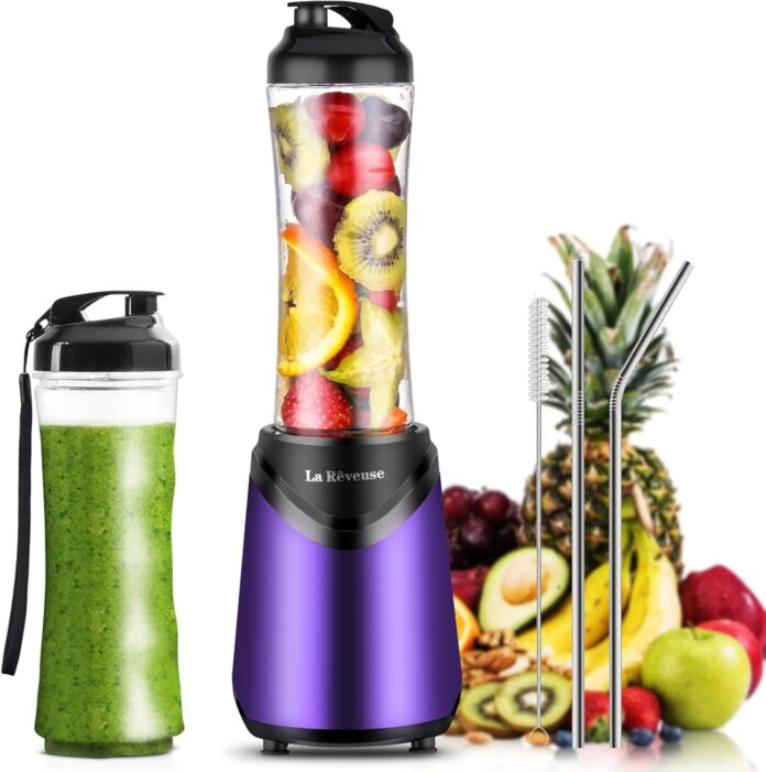 la-reveuse-smoothie-blender-personal-size-300-watts-with-2-pieces-18-oz-bpa-free-travel-sports-bottlespurple