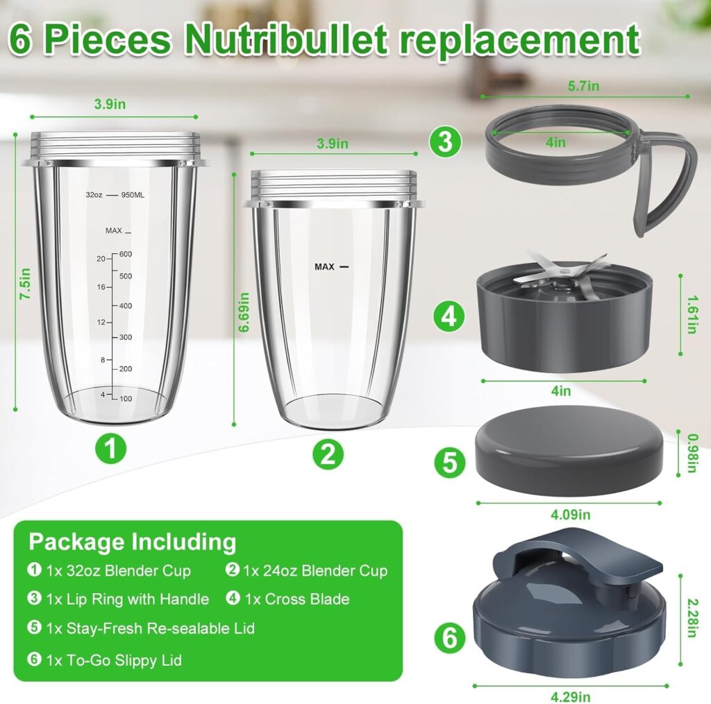 Nutribullet Blender Cups  Blade Replacement Set, 32oz  24oz Nutribullet cups with Lid To-Go Lid and Lip Ring, Replacement Cups for Nutri Bullet Blenders 600w  Pro 900w Accessories 6 PCS