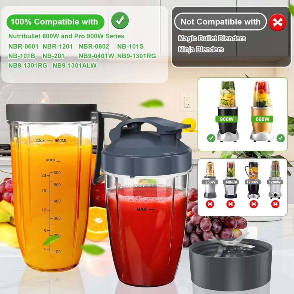 Nutribullet Blender Cups  Blade Replacement Set, 32oz  24oz Nutribullet cups with Lid To-Go Lid and Lip Ring, Replacement Cups for Nutri Bullet Blenders 600w  Pro 900w Accessories 6 PCS