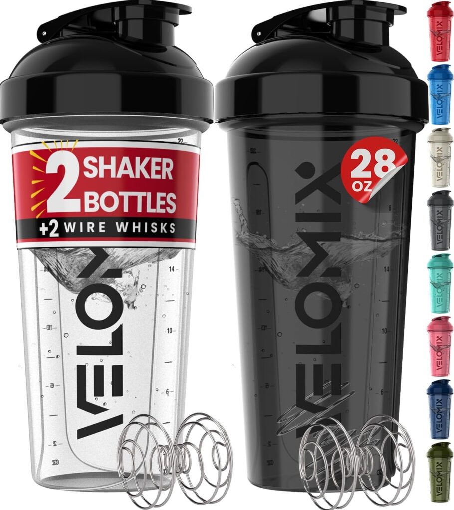 VELOMIX -2 Pack- 28 oz Protein Shaker Bottles for Protein Mixes - 2x Wire Whisk | Leak Proof Shaker Cups for Protein Shakes | Protein Shaker Bottle Pack (Black/Transparent) VELOMIX -2 Pack- 28 oz Protein Shaker Bottles for Protein Mixes - 2x Wire Whisk | Leak Proof Shaker Cups for Protein Shakes | Protein Shaker Bottle Pack (Black/Transparent)