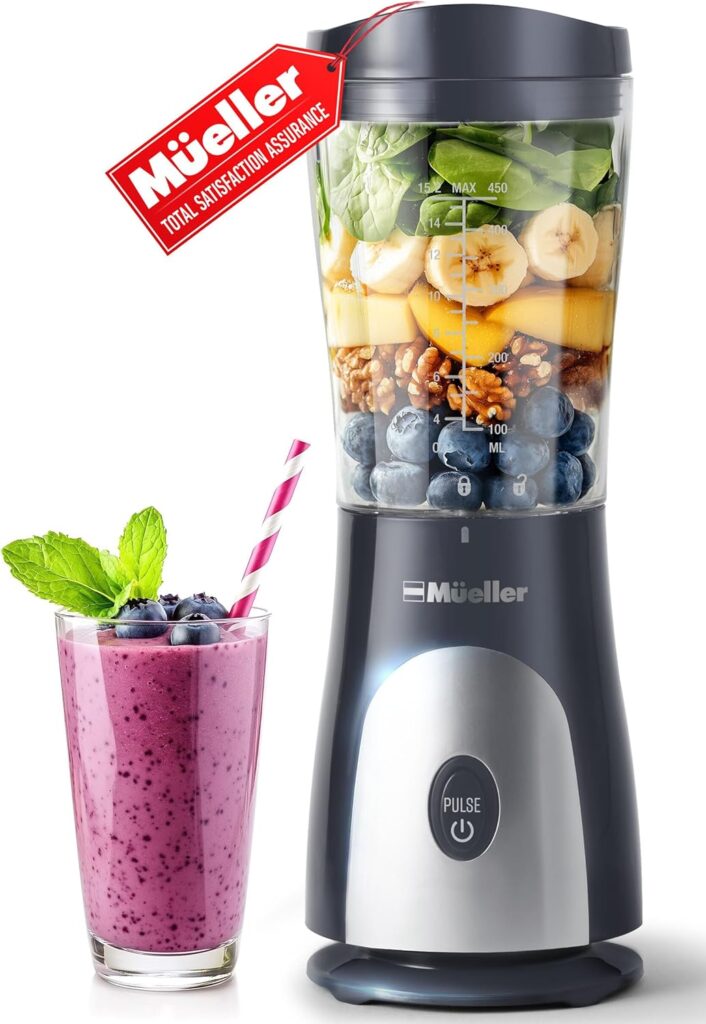 Mueller Personal Blender for Shakes and Smoothies with 15 Oz Travel Cup and Lid, Juices, Baby Food, Heavy-Duty Portable Blender Food Processor, Grey Mueller Personal Blender for Shakes and Smoothies with 15 Oz Travel Cup and Lid, Juices, Baby Food, Heavy-Duty Portable Blender Food Processor, Grey